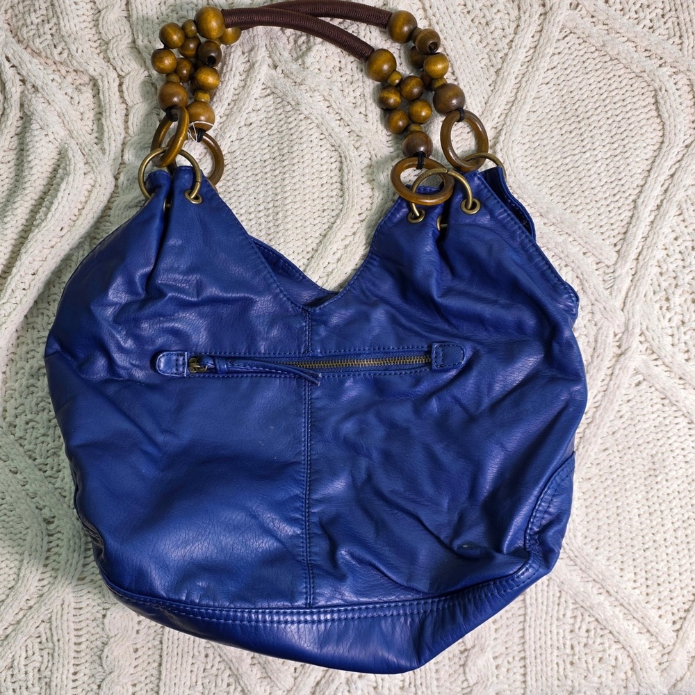 Bueno Hobo Satchel Bag Royal Blue Wood Bead Circle Handle Purse Soft Colorful